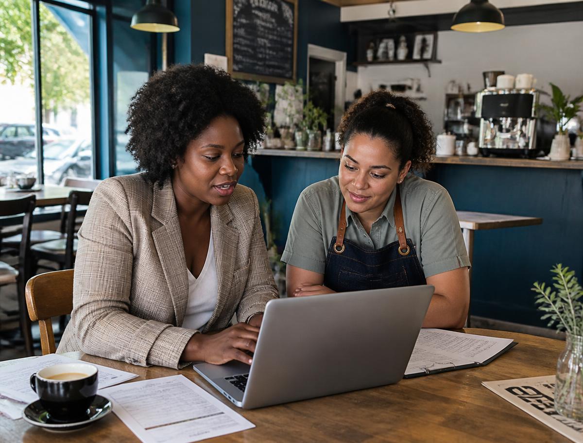 A bookkeeper going through accounts on a laptop with a cafe owner