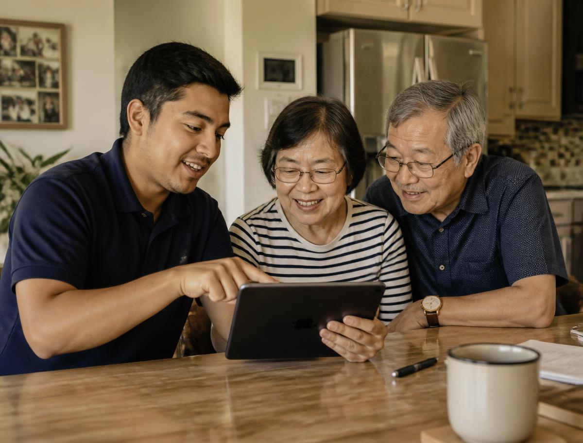 A young man showing an older couple how to use a tablet at their kitchen table